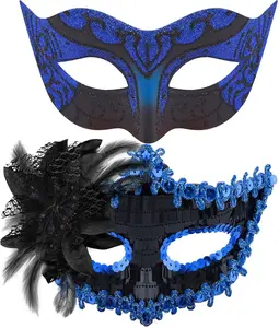 Couple Masquerade Masks Set Venetian Party Mask Costume Mask with Rhinestone & Flower Decor Black Plastic & Sequins One Size Fits Most for Halloween Carnivals Mardi Gras Cosplay