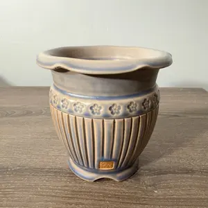 Handmade Flower Pots - Decorative Ceramic Planter with Floral Design and Ribbed Texture for Home Decor