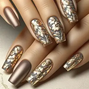 Gilded Blooms Press On Nails | CurvLife Nail | 30pcs Medium Coffin Fake Nails | Glossy Finish with Golden Floral Accents & Radiant Shine | Easy to Apply, Comfortable & Long-Lasting | Ideal for Daily Commutes, Business Meetings, Banquets & Formal Events