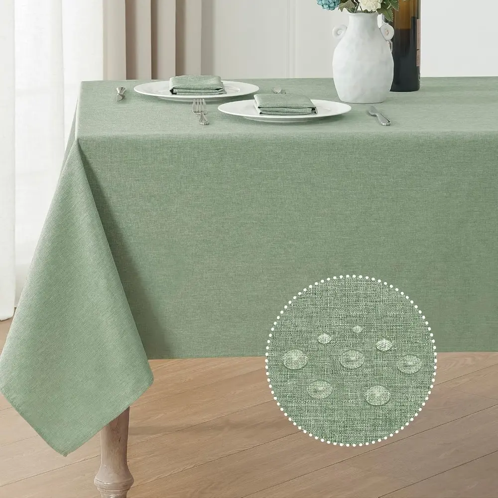 Sage Green Elegant Farmhouse Rectangle Tablecloth - 52x70 in Linen Textured, Waterproof, Stain-Resistant, Wrinkle-Free, Wipe-Clean Cover for Dining, Tea Table