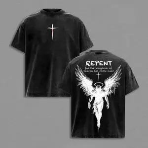 Repent Vintage Washed Oversized Christian T-Shirt, Angel Wings Faith Graphic Tee, “Kingdom of Heaven Has Come Near” Gospel Streetwear Top, Heavy Cotton Unisex Retro Worship Shirt