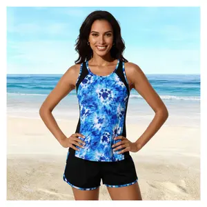 Tie Dye Tankini Set Women - Blue Racerback Athletic Swimsuit with Boy Shorts - 2 Piece Bathing Suit for Swimming, Sports, Activewear - Comfortable & Quick Drying