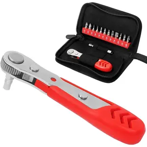 Right Angle  14 count Mini Ratchet Set, Offset  Low Profile Ratchet  Set with 1/4 Ratchet, Hex, Phillips, and Torx, EDC Bit Driver for Tight Spaces,