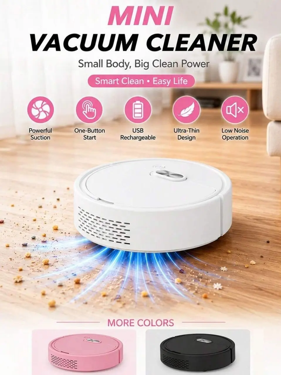 Mini Robot Vacuum Cleaner, Automatic Sweeping And Vacuuming Cleaning Machine, USB Rechargeable Floor Cleaning Robot, Suitable For Wooden Floors, Hard Surfaces And Daily Cleaning, Ideal For Pet Hair And Home Dust Removal