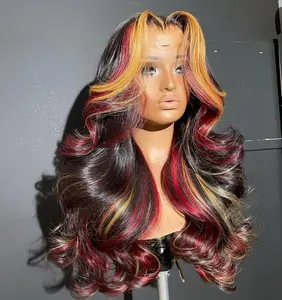 Phyoung Hair Dark Hair with Red and Orange Highlights Wig Glueless Lace Front Wig Pre-Plucked Hairline Heat Resistant Synthetic Hair 28 Inch Gift for Her