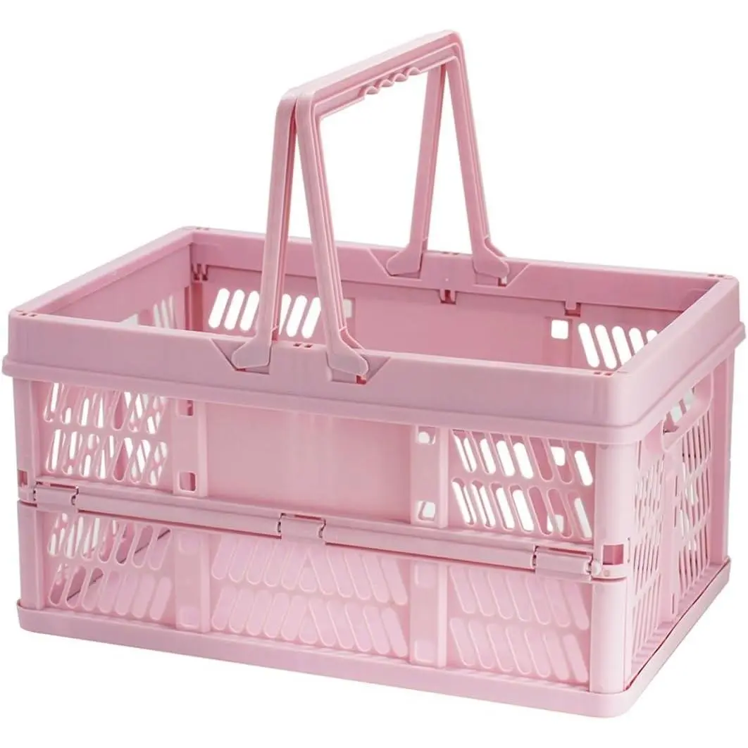 X-SBB29 crates for storage,plastic baskets for organizing,collapsible shopping basket,20L foldable crate with Handles,Car Milk Dairy storage crate, for Kitchen,Bathroom,Medicine.Garage M,Pink Organiser Decor