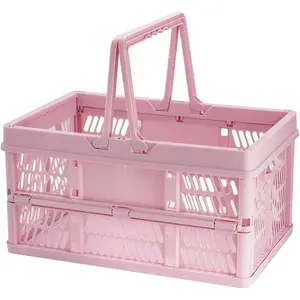 X-SBB29 crates for storage,plastic baskets for organizing,collapsible shopping basket,20L foldable crate with Handles,Car Milk Dairy storage crate, for Kitchen,Bathroom,Medicine.Garage M,Pink Organiser Decor