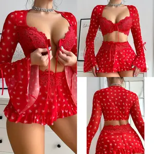 3 Sets Europe US -  Underwear Red Love Bra Short Skirt Thong Pants Three Sets Gift for Lover