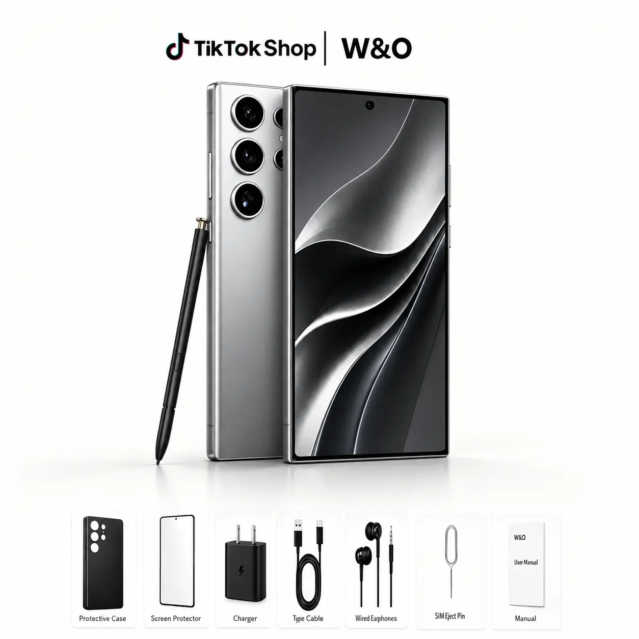 W&O Android 14 6.8" HD+ Smartphone, 12GB RAM + 512GB Storage, 6800mAh Long-Lasting Battery, Built-in Stylus, 50MP Camera, GPS, Dual SIM, MicroSD Expandable Storage for Note-Taking, Sketching, Office, Travel & Everyday Use