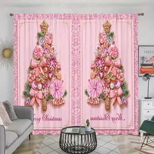 2D Flat 2Pcs Christmas Tree Gingerbread Man Printed Curtain Panel Pole Pocket Style Semi-Sunshade Polyester Fiber for Home Living Room Bedroom Balcony Kitchen Study and Shower Window Decoration Festive Holiday Gift Anti-Privacy .