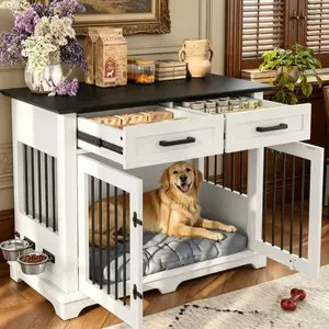 Multi-functional Dog Kennel Furniture, 44.48" Decor Pet Cage with Drawers & Rotating Bowls, Wooden End Table for Medium Dogs