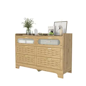 6 Drawers Dresser, Modern Chest of Drawers with Woven Design, Dresser TV Stand, Coffee Bar Cabinet, Wood Drawer Organizer for Dining Room, Living Room, Hallway