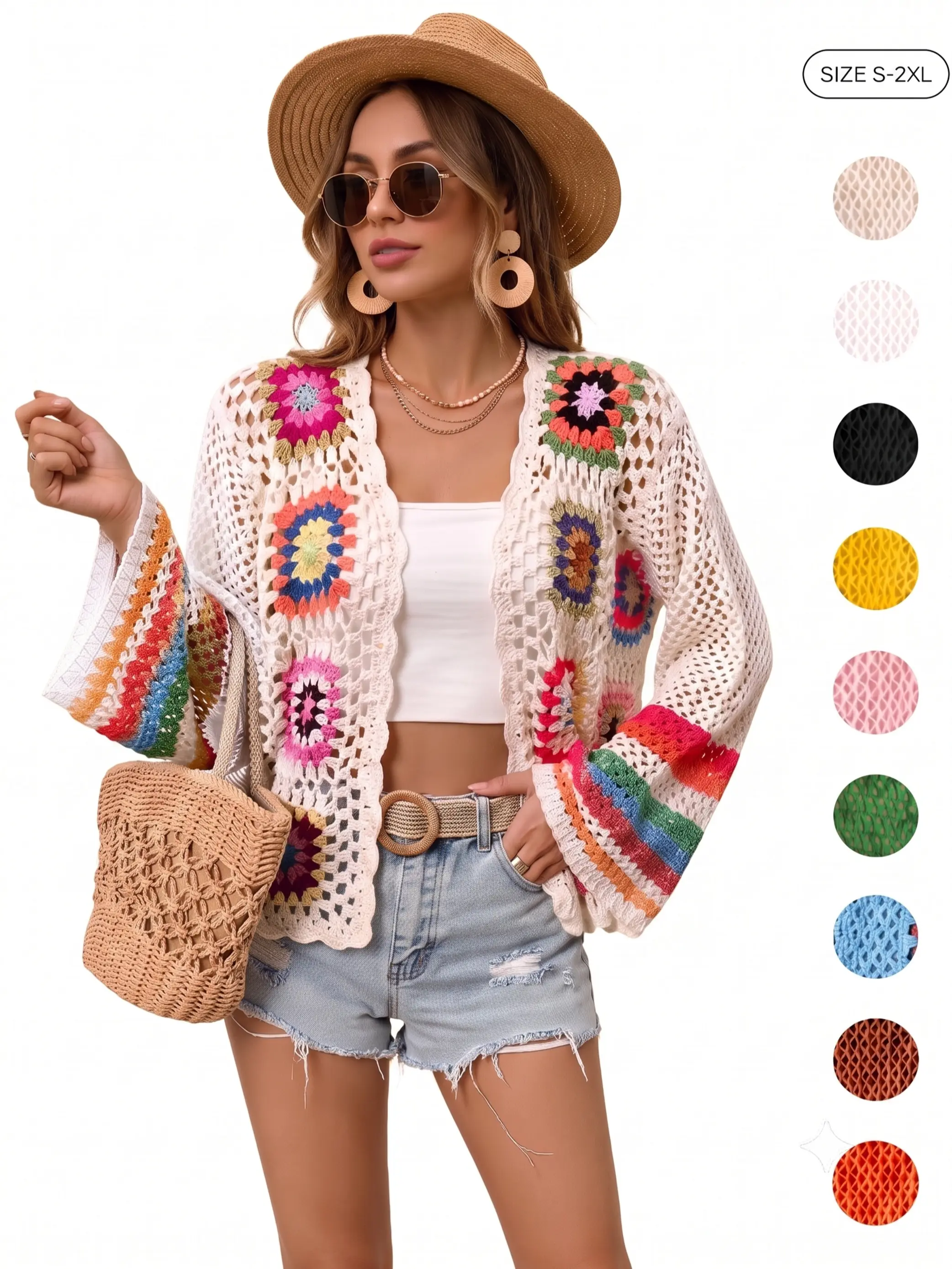 IDEALSANXUN Women's Knitting Cardigan - Belted, Hollow Out Open Front, Vintage Tribal Granny Square Lace, Long Sleeve, Loose-Fitting, Chic Polyester, Adjustable, Floral Crochet Aesthetic Women's Clothes, Spring Summer Casual Shrug