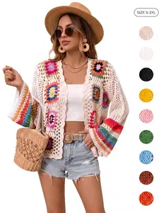 IDEALSANXUN Women's Knitting Cardigan - Belted, Hollow Out Open Front, Vintage Tribal Granny Square Lace, Long Sleeve, Loose-Fitting, Chic Polyester, Adjustable, Floral Crochet Aesthetic Women's Clothes, Spring Summer Casual Shrug