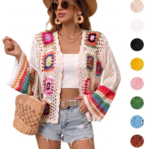 IDEALSANXUN Women's Retro Granny Square Crochet Cardigan - Trendy Pattern V-Neck Open Front Long Sleeve Knitwear with Belt, Flattering Fit for Spring Summer