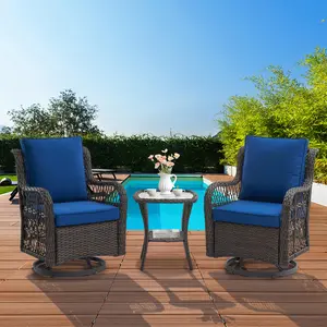 Garvee 360℃Swivel & Gliding Rocking Chairs Patio Conversation Set, 3-Piece PE Rattan Outdoor Furniture with Tempered Glass Table & Removable Thick Cushions for Porch, Backyard, Garden Relaxation