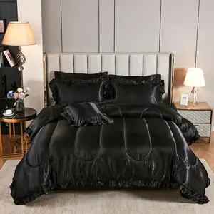 Comforter Set with Sheet Set King 8 Pcs Silk Like Black Bedding Set Ruffle Pattern Luxury Comforter Set with 1 Cushion Cover