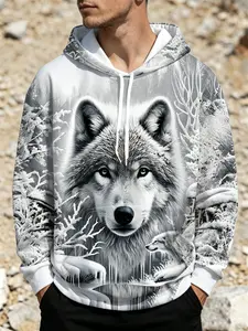 hoodie men clothing Men's long sleeved hoodie sports sweatshirt - wolf pattern design, soft polyester fabric, lightweight and durable, suitable for outdoor exploration and casual style
