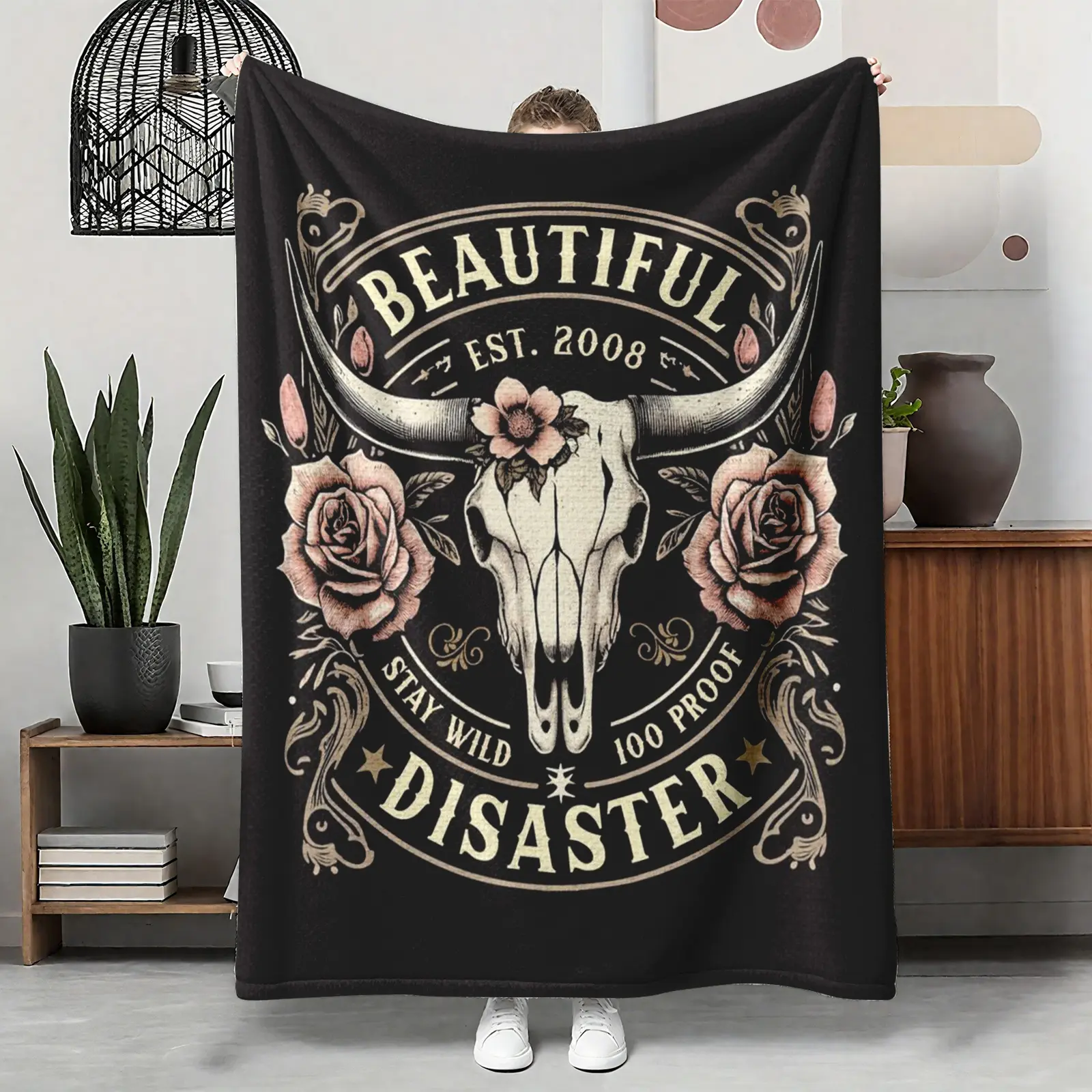 Modern Boho Western Flannel Throw Blanket - Cow Skull, Rose, All Seeing Eye, Stay Wild Pattern - Wrinkle Resistant, Multi-Size, Heat Retention Soft Cozy Warm Blanket for Bedroom, Couch - Unique Gift for Friends