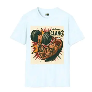 Vintage Gym Tshirt with Tattoo Heart Design and 'Clang' Text for Fitness Enthusiasts