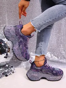 Women's Water Wash Denim Blue Rhinestone Thick Sole Dad Shoes, Sporty Casual Height Increasing Sneakers, All Season PU Rubber