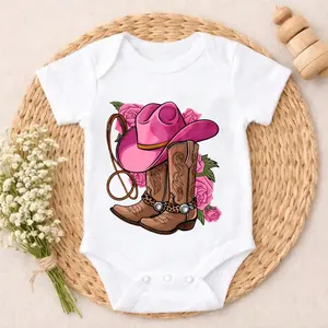 Pink Hat Cowboy Boots Roses Baby Bodysuit Casual Short SleeveRomper Crew Neck Outfit for Baby Boys & Girls  bamboo  Cute appearance New Parent Gift Comfort Baby Clothes for Outdoor Daily Wear