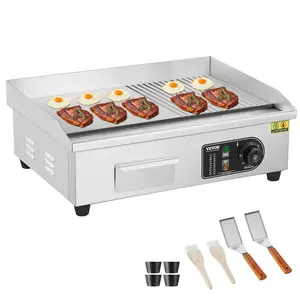 【Summervibes】VEVOR Commercial Electric Griddle,  1600W Countertop Half-Flat Top Grill, 122℉-572℉ Adjustable Temp, 21.26x11.81x0.39in Stainless Steel Griddle Grill with 2 Shovels and 2 Brushes for Home or Restaurant