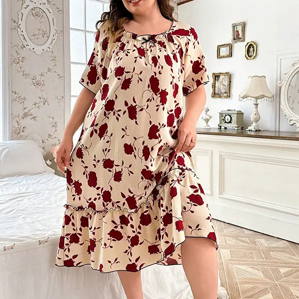 Women's Plus-Size Fitted Vintage Rose Print Crewneck Short-Sleeve Cozy Home Loungewear Nightdress