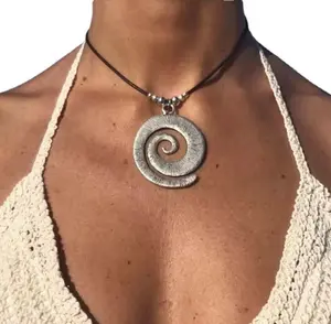 Silver Spiral Goddess Necklace on Leather Rope – Boho Retro Pendant