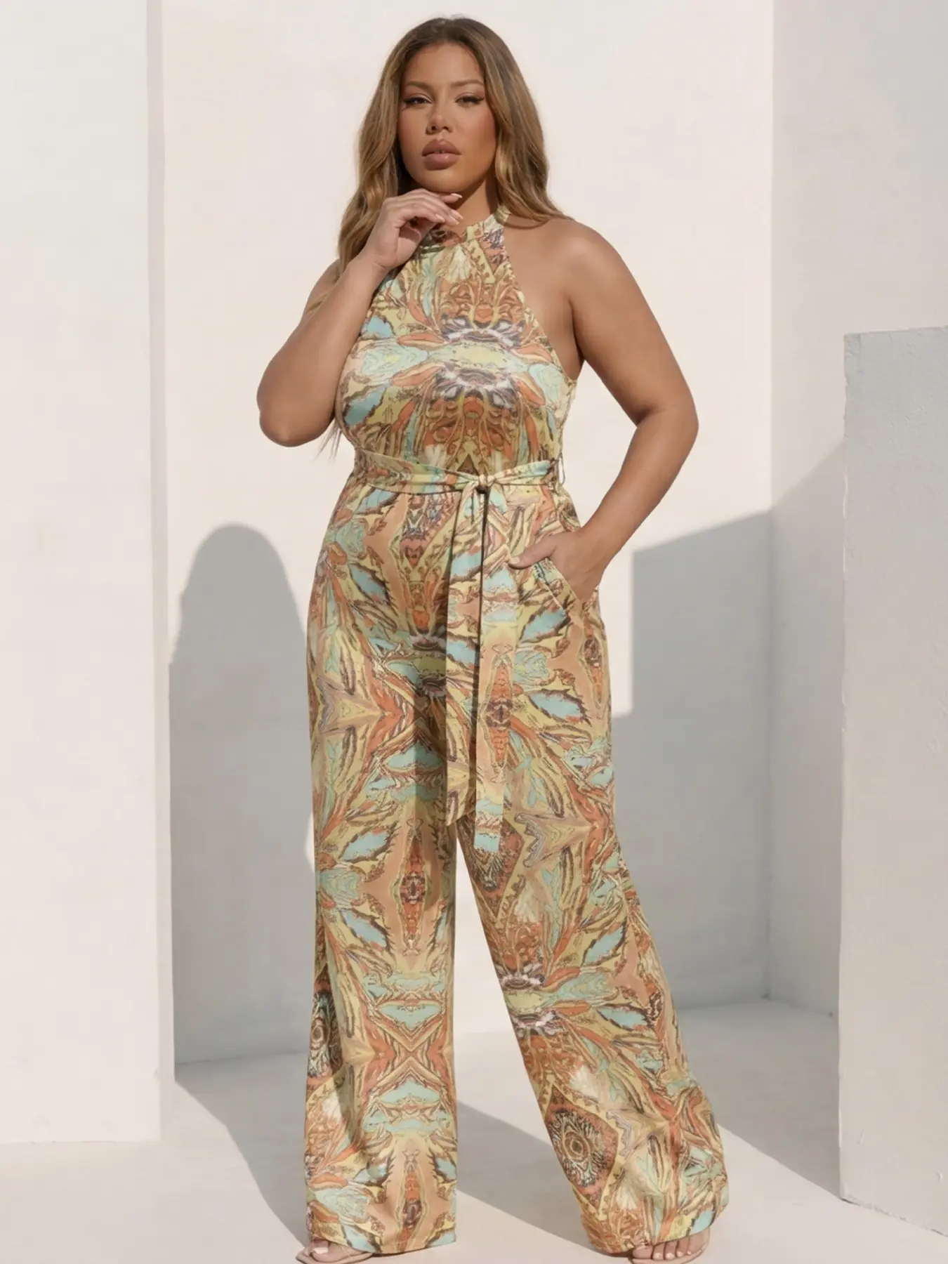 Plus Size Halter Neck Sleeveless Printed Jumpsuit, Boho Wide Leg Belted One Piece, Casual Slim-Fitting Long Hem_length, All over Print, Bohemian