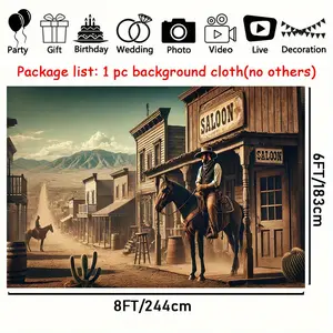 243.84x182.88cm Western Frontier Town Party Banner - Rustic Cowboy Street Scene Backdrop for Home Decor, Weddings, Birthdays & Celebrations - Indoor/Outdoor Wall Tapestry, Garage Garden Flag, Large Photography Cloth Size
