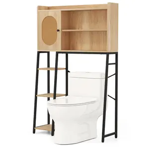 COSTWAY - Over The Toilet Storage Cabinet with PE Rattan Door and Open Storage Shelves-Natural