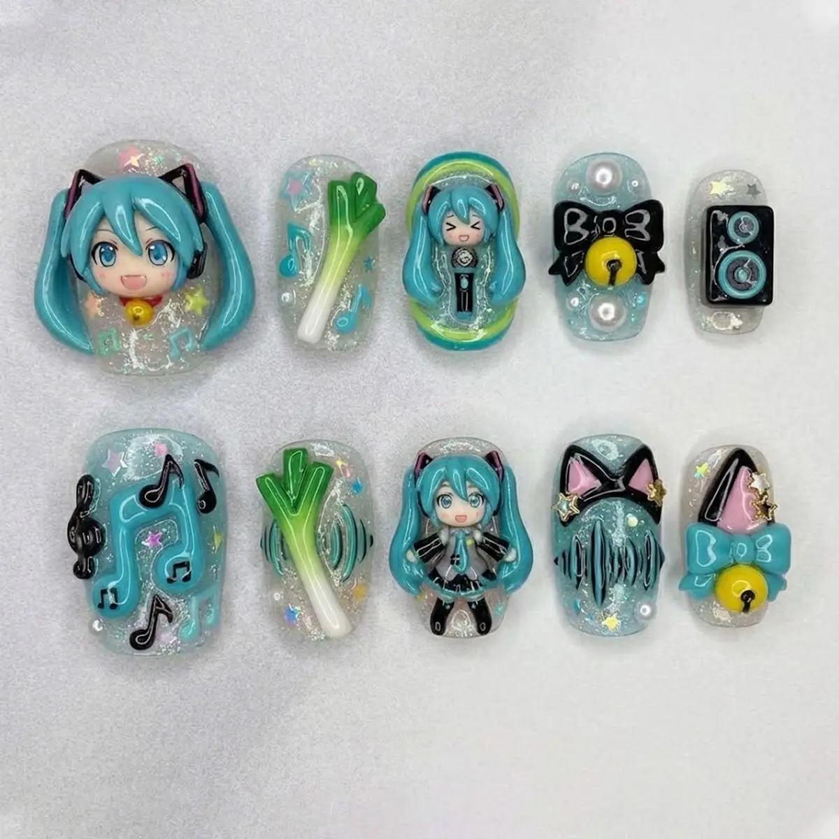 Handmade Miku Inspired Press On Nails | 3D Teal Twin Tails & Green Leek | Music Note Speaker Cyber Kawaii Anime Nail Set
