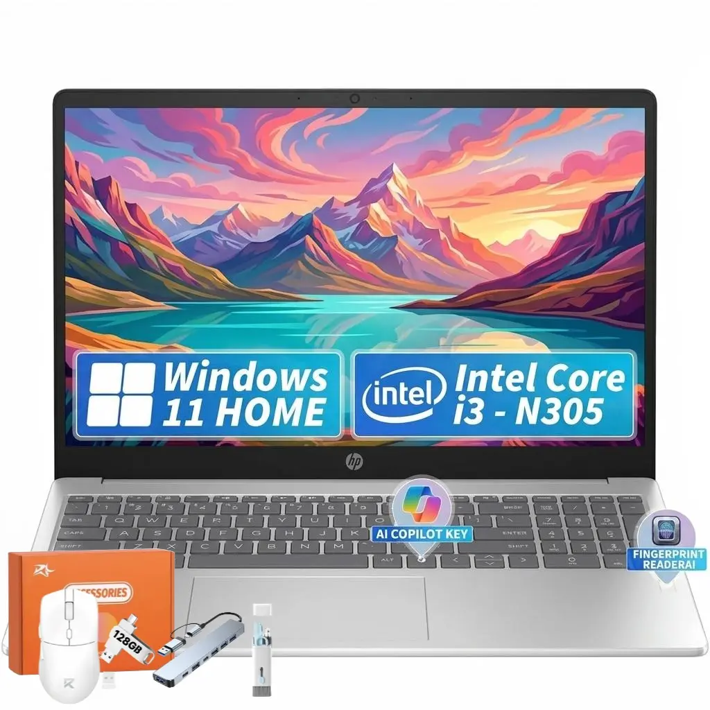 HP 15.6" FHD Laptop, Intel i3-N305, 8GB RAM, 256GB SSD, FR ID, Silver | Laptop for Students and Business, 15.6" FHD IPS Micro-Edge Anti Glare Display, Fingerprint Reader, WIN 11 Home