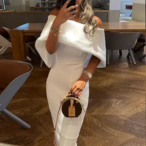 2025 new European and American women's clothing oblique shoulder printing sexy hip skirt slim temperament dress female