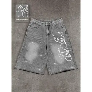 Casual Rhinestone Embellished Letter Embroidery Jorts, American Street Style High Waist Button-Fly Denim Shorts for All Seasons, Fashion Daily Wear, Y2K Vintage Washed Distressed Denim Shorts with Sparkle Rhinestones, Loose Fit Straight Leg Capris for Wom