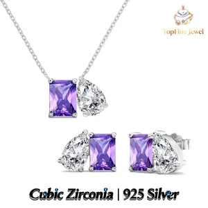 925 Sterling Silver Two‑Stone Jewelry Set, Emerald‑Cut Purple Cubic Zirconia & Pear‑Cut Clear CZ Pendant Necklace and Stud Earrings, Luxury Jewelry for Women, Ideal for Daily Wear, Bridal & Gifting
