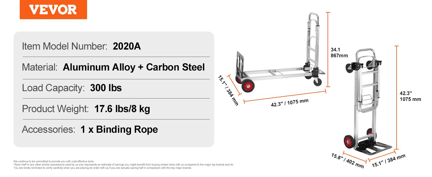 【SummerFinds】VEVOR Aluminum Convertible 2-in-1 Heavy-Duty Multifunction Work Cart, 800 lbs Capacity Collapsible Hand Truck with Rubber Wheels, Multifunction Rolling Carts for Warehouse, Supermarket Use, Mobile Folding Trolley, Rolling Service Cart