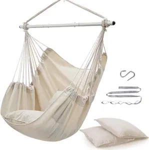 Hammock Chair Swing (500 lbs Max-2 Cushions) - Hanging Hammock Chair Rope Swing Indoor for Bedroom, Outdoor, Patio, Bedroom, Porch, Deck - Sturdy Steel Bar with Anti-Slip Safety Rings