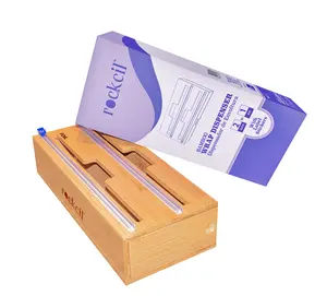 Bamboo Wood Plastic Wrap Dispenser with Cutter, Aluminum Foil and Wax Paper Dispenser for Kitchen Drawer, Roll Organizer Holder Compatible with 12" Roll - 2 in 1 Utensils Utensils