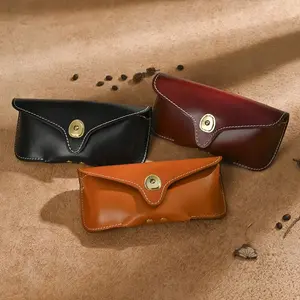 Vintage vegetable tanned leather glasses case, first layer cowhide handmade sunglasses storage bag, travel portable high-end fashion sunglasses case
