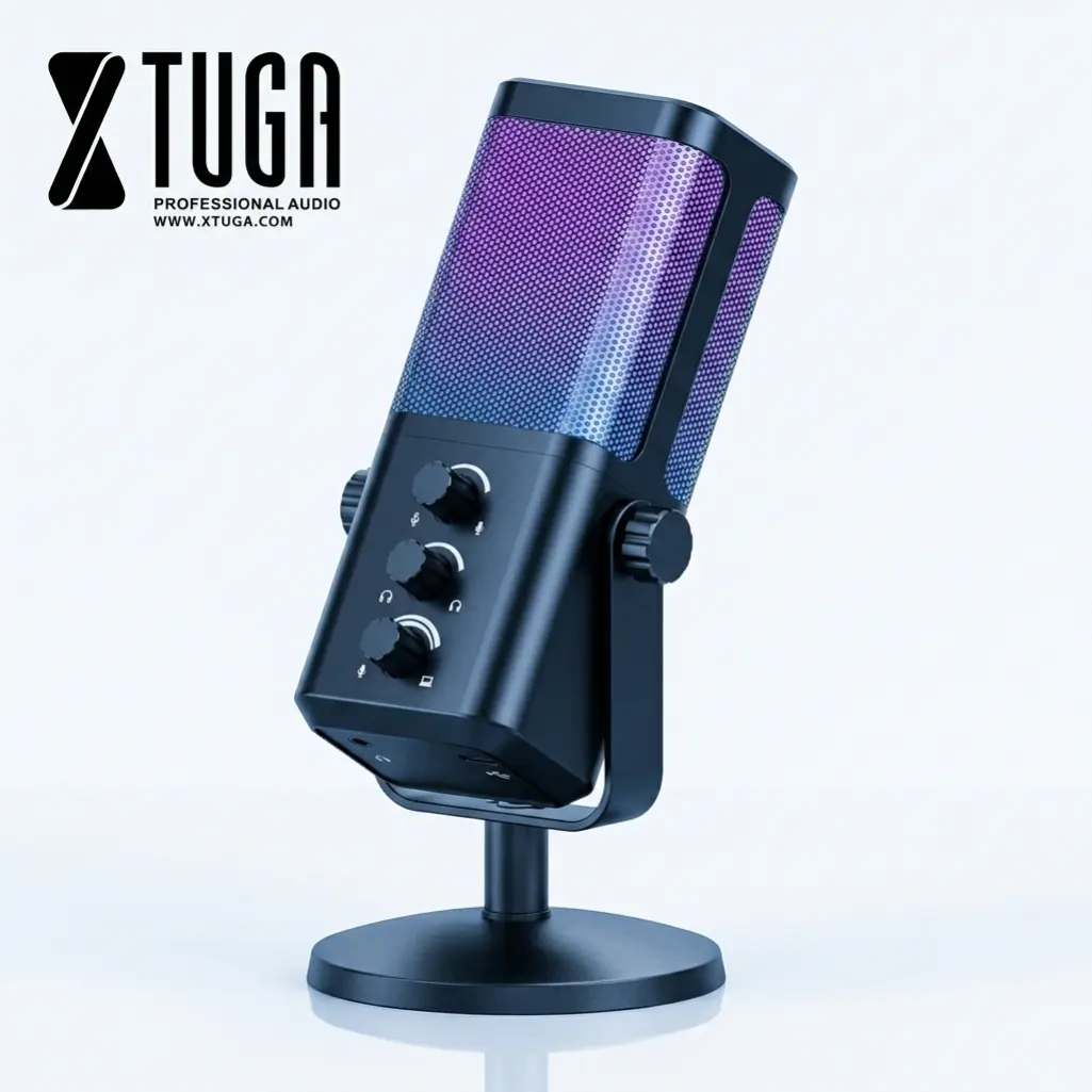 XTUGA M7USB Gaming Microphone for Podcast Recording, Dynamic RGB Mic with Quick Mute, headphone jack, Gain Knob, Volume Control, Desktop Mic for PC Gamer audio equipment