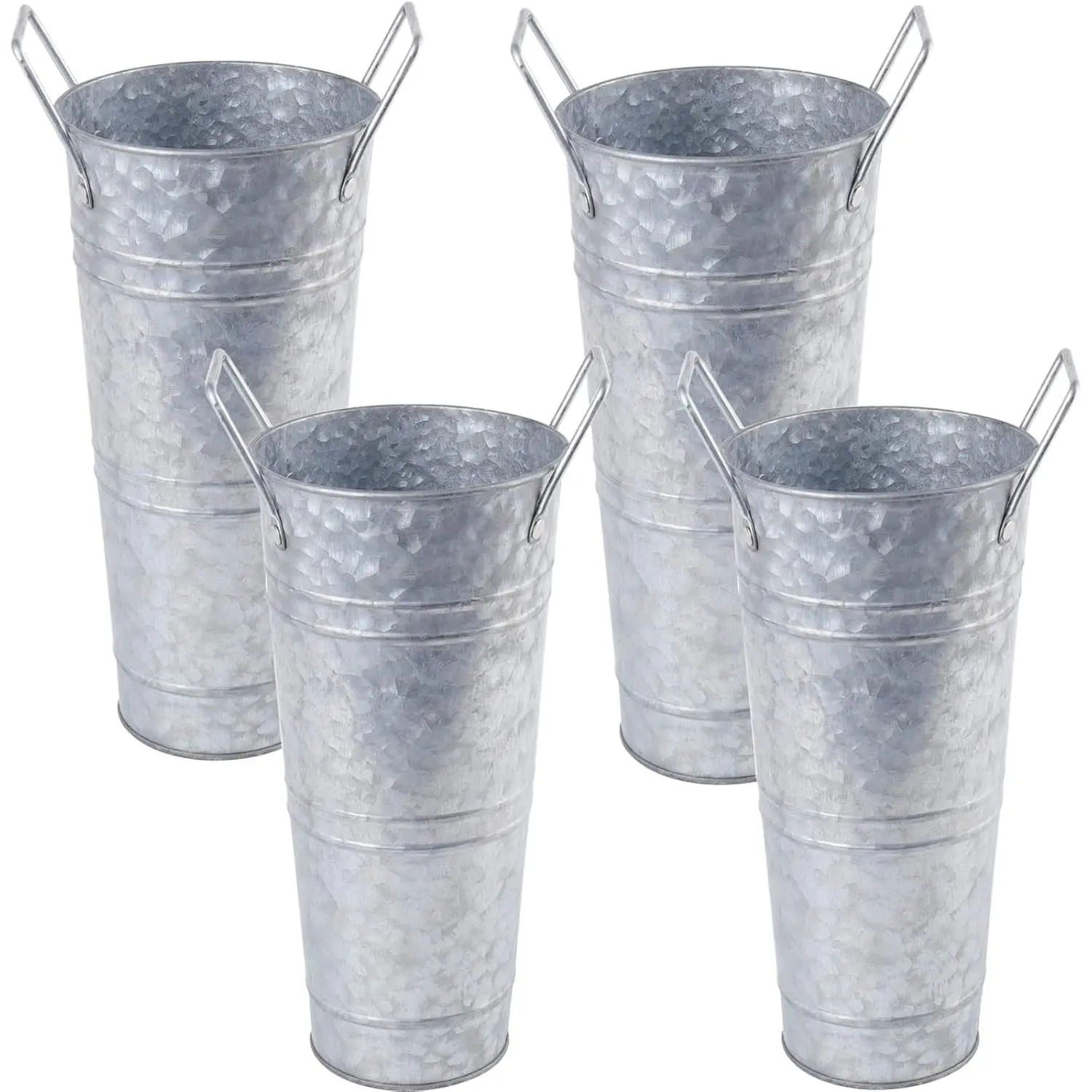 Galvanized Metal Vases Set of 4 (9in) - Retro French Farmhouse Bucket Vases with Handles, Rustic Silver Home Supplies Flower Holders for Home, Christmas Table Centerpieces, Outdoor, Windows