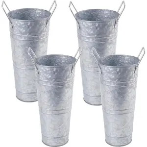 Set of 4 galvanized metal vases 9 farmhouse french bucket with handles rustic style metal flower holder for home and wedding table centerpiece decor silver