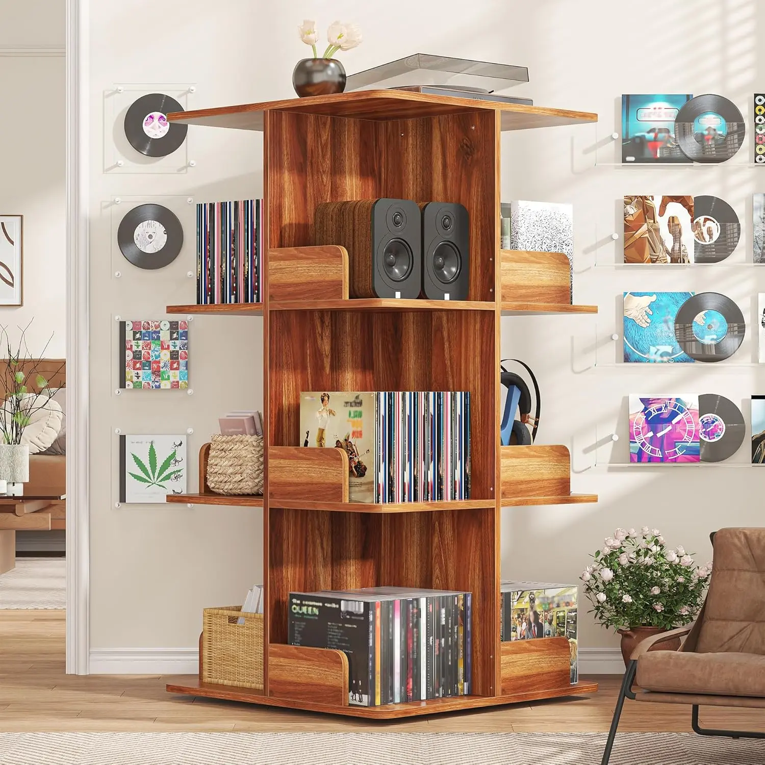 4-Tier Durable Rectangle Decorative Record Player Organiser - 360° Rotatable Turntable Stand, Large Record Storage Rack, Open Display Shelf Cabinet for Living Room