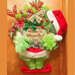 Vintage Green Elf Leg Christmas Wreath Door Ornament - Fabric holiday decoration with candy canes, holly berries and "Whimsical" sign, no electricity required for indoor or outdoor hanging, Christmas ornament.