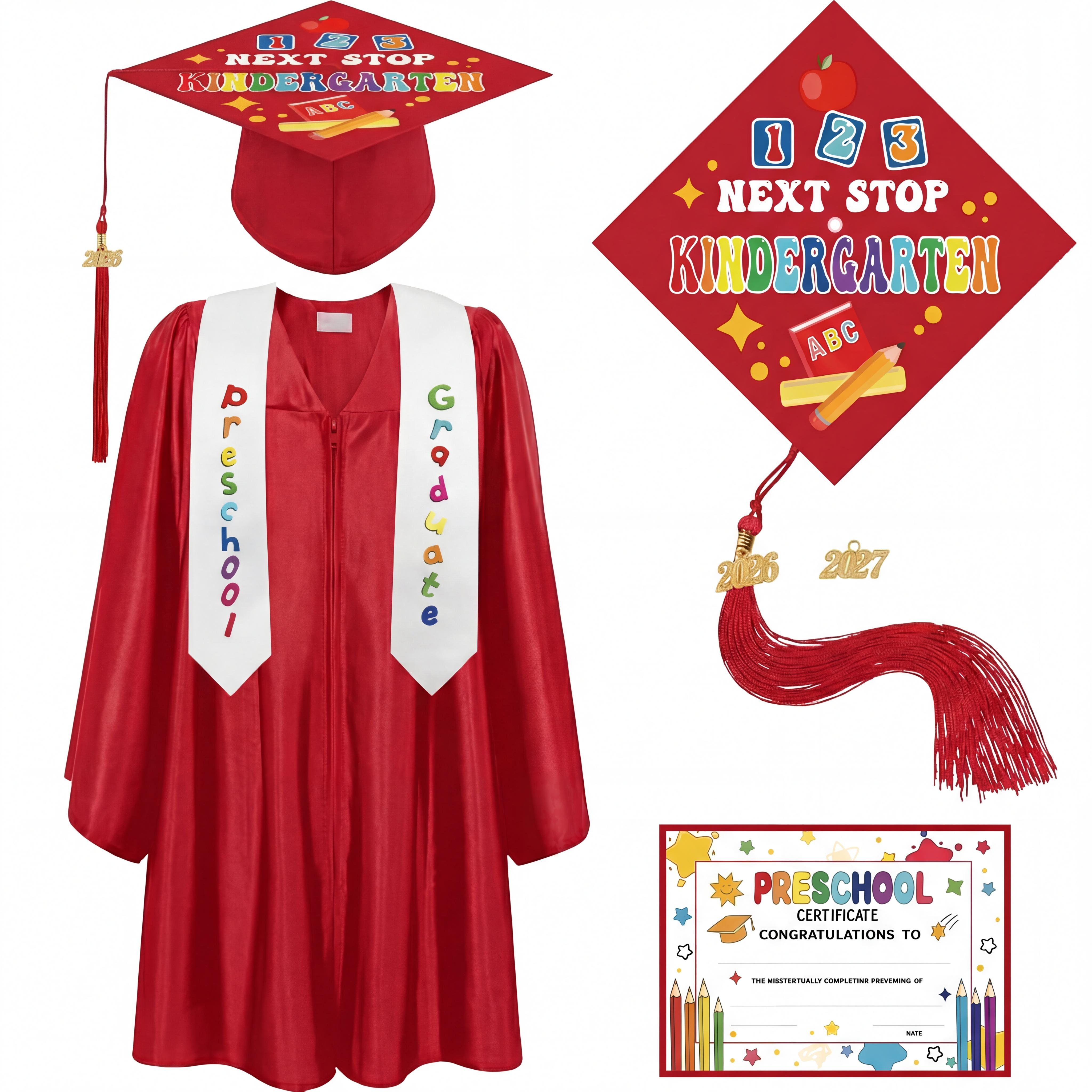 4 pcs Kindergarten Preschool Class Graduation Gown Set Cap Gown Stole with 2026 Tassel and Certificate for Toddler Kids Classmates or Friends Student Graduation School Supplies