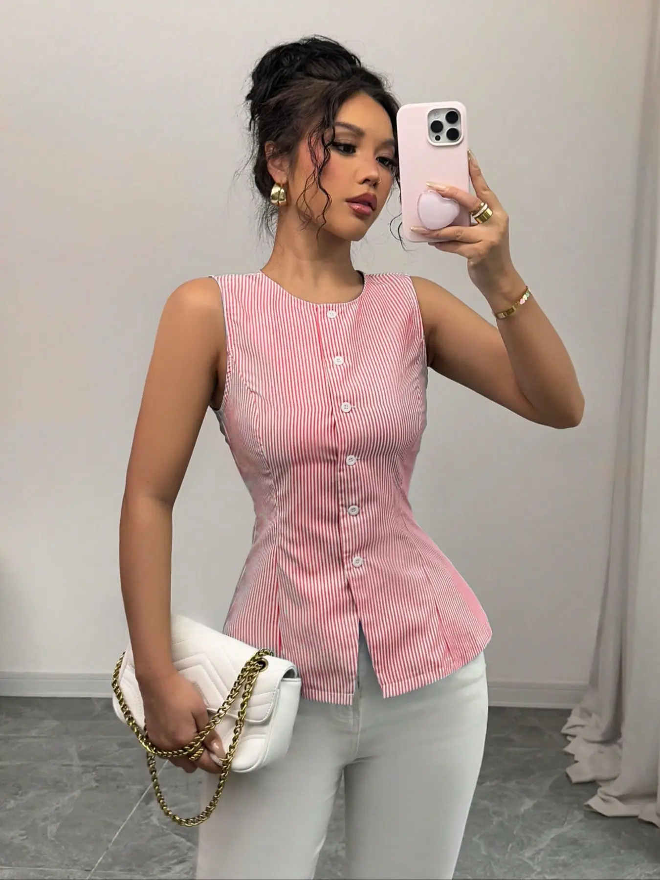 Pink & White Pinstripe Sleeveless Ruched Sweet Vibe Blouse Pink Pinstripe Sleeveless Ruched Chic Office Blouse Pink & White Pinstripe Sleeveless Ruched Vintage Baddie Blouse Striped Shirts