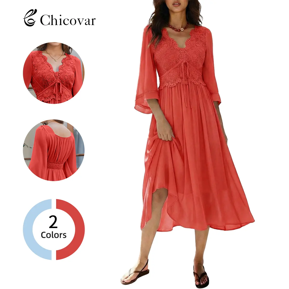 Chicovar Women's Summer Boho Midi Dress, Chiffon Fabric, Deep V Neck, 3/4 Sleeve, Floral Lace Design, Elastic Waist, A-Line, Smocked Flowy Dress Perfect for Vacation, Party, Daily Wear, Beach Wear, Summervibes - Chicovar Women's Summer Boho Midi Dress, Chiffon Fabric, Deep V Neck, 3/4 Sleeve, Floral Lace Design, Elastic Waist, A-Line, Smocked Flowy Dress Perfect for Vacation, Party, Daily Wear, Beach Wear, Summervibes -