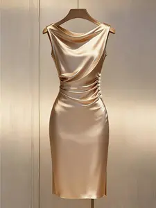 French Luxury Chic Champagne Satin Pearl Dress, V-Neck Waist-Cinch A-Line Midi Dress, Perfect for Birthday Parties, Vacations, Elegant Gatherings